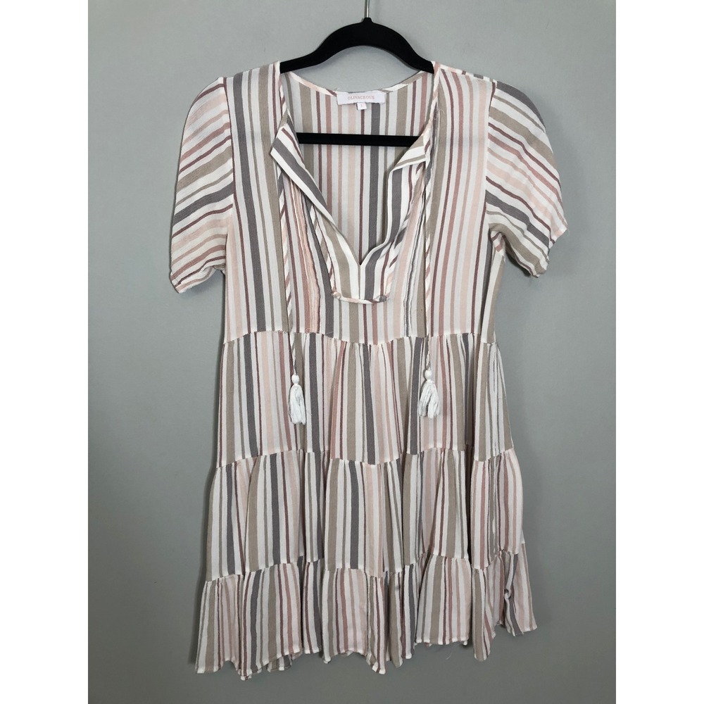 Olivaceous Striped Tiered Mini Dress Women Large Brown Pink V-Neck Tassel Boho